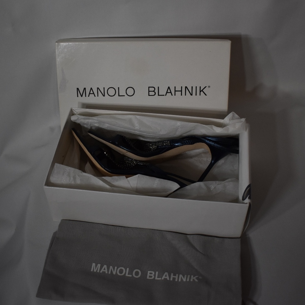 Cobalt leather Manolo Blahnik slingback sandals.